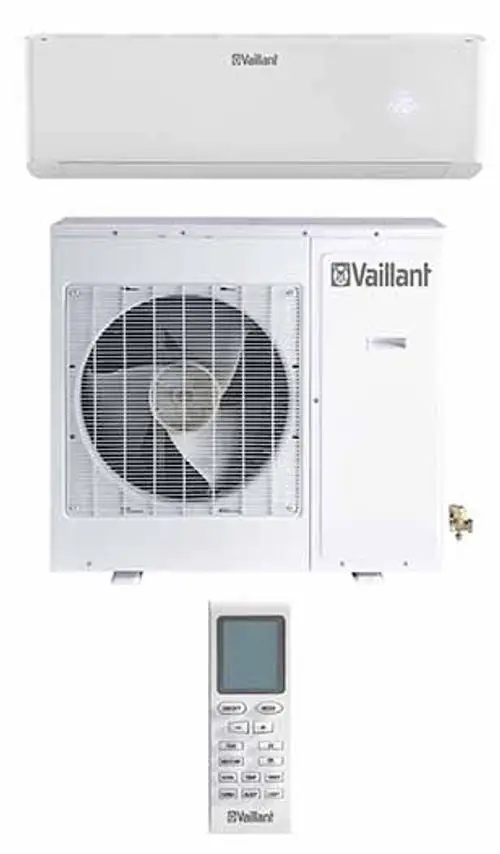 Wand- und Außengerät einer Klimaanlage der Marke Vaillant, zusammen mit der dazugehörigen Fernbedienung zur Steuerung des Systems.